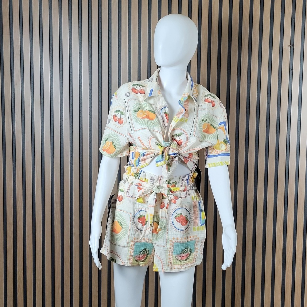 Angel Cult 2 Piece Set Womens Large Fruit Print Cotton Gauze Shirt & Shorts NWT